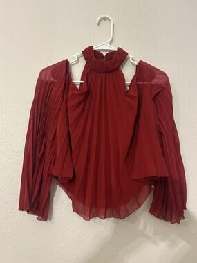 Express Women’s Red Pleated Chiffon Mock Neck Long Sleeve Blouse XS